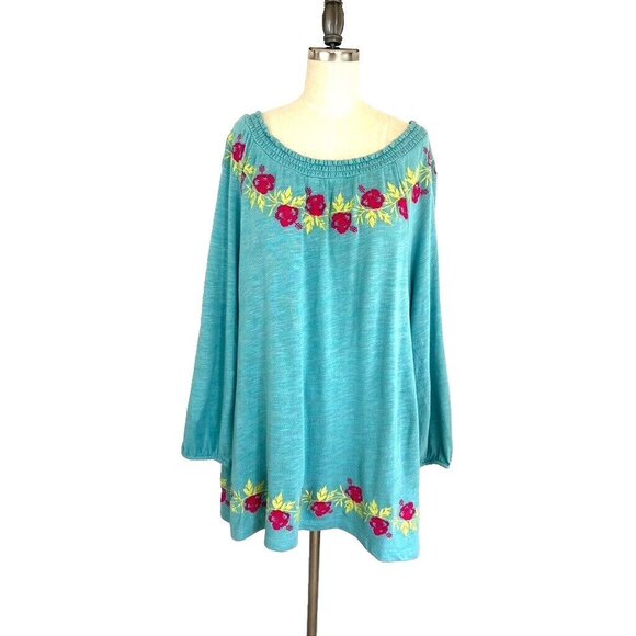 Soft Surroundings Tunic Top PL Floral Embroidered Trim 2EC23 Stretchy Smocked - Picture 1 of 9